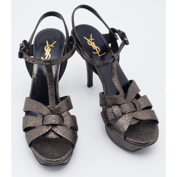 Yves Saint Laurent Tribute Leather Ankle Strap Platform Sandal Metallic Black 37 - Picture 1 of 7